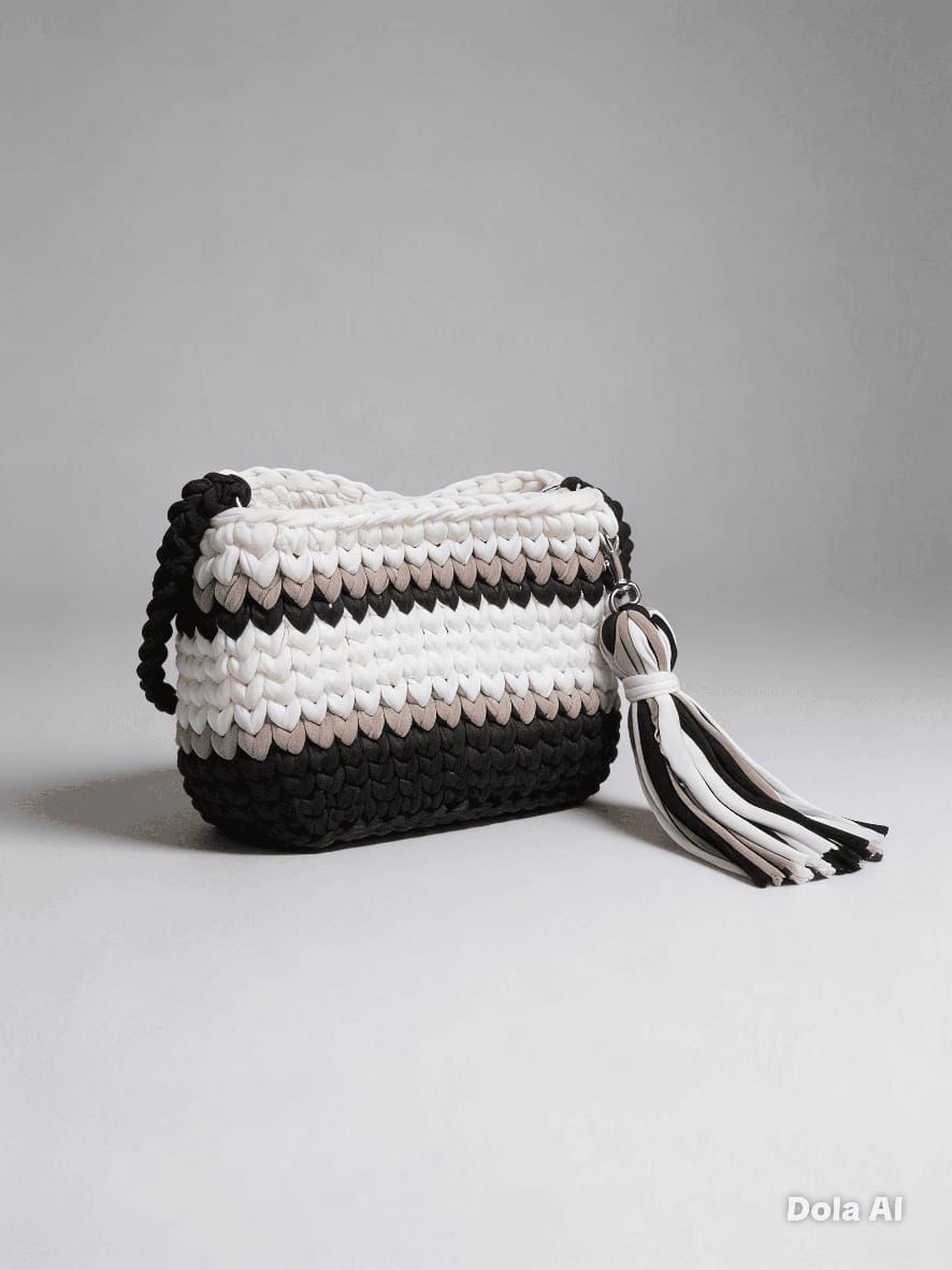 Bolso de Trapillo a Rayas Blanco, Beige y Negro con Borla