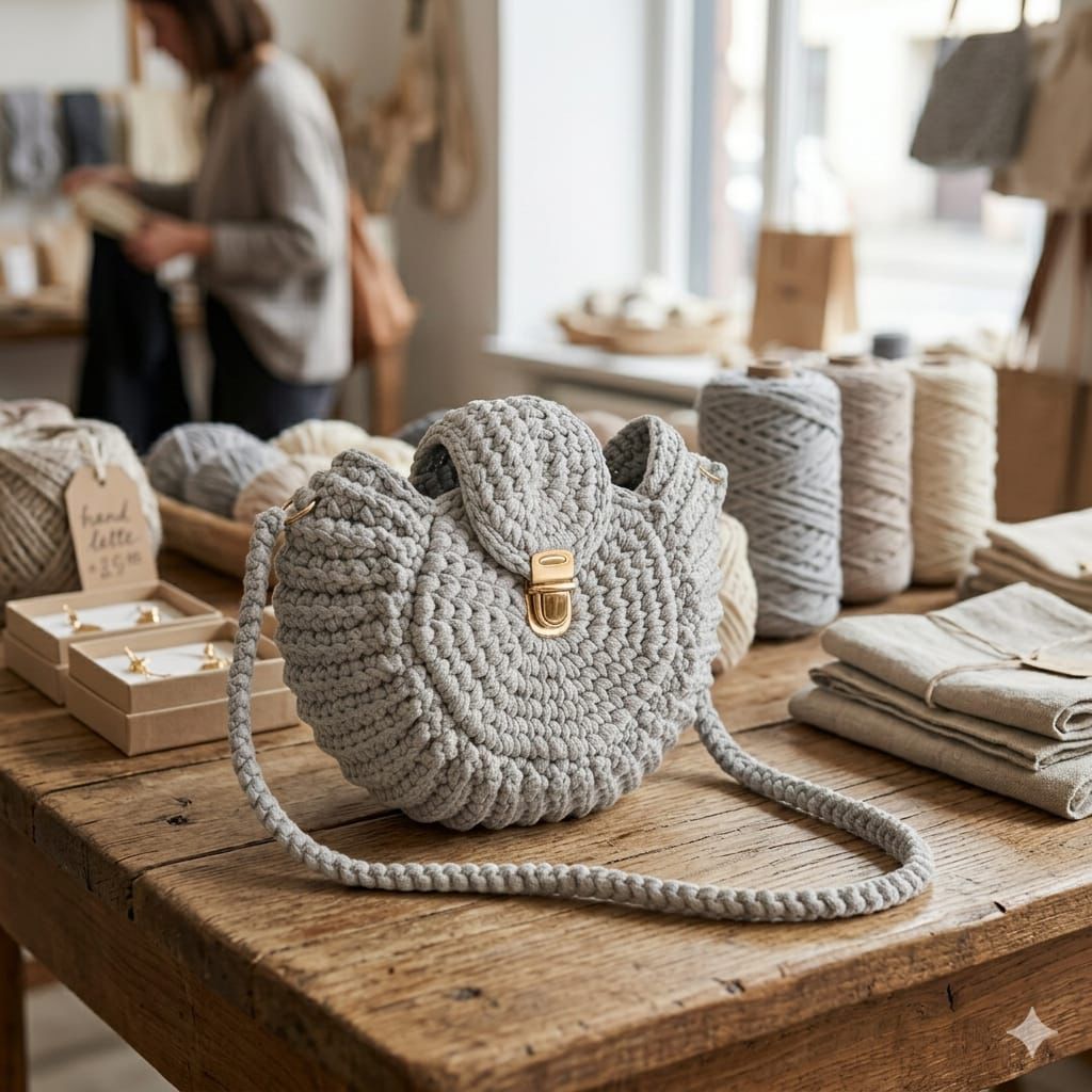Bolso Crochet Gris con Broche Dorado