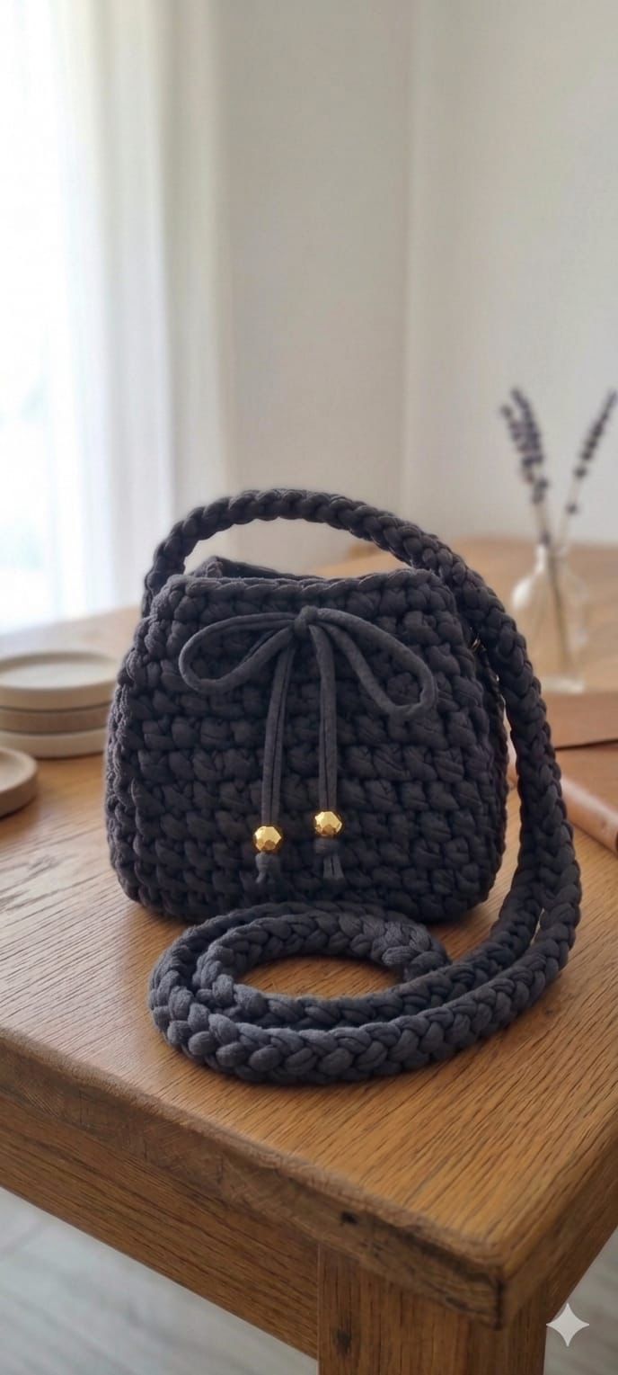 Bolso de Trapillo Gris Oscuro con Lazo y Detalles Dorados