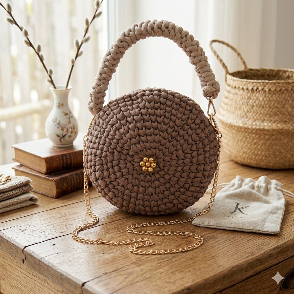 Bolso Redondo de Trapillo Taupe con Cadena Dorada