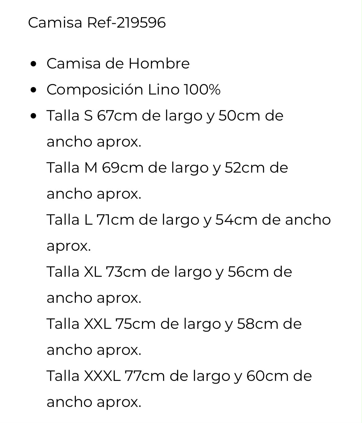 Camisa Ref-219596 – medidas por talla