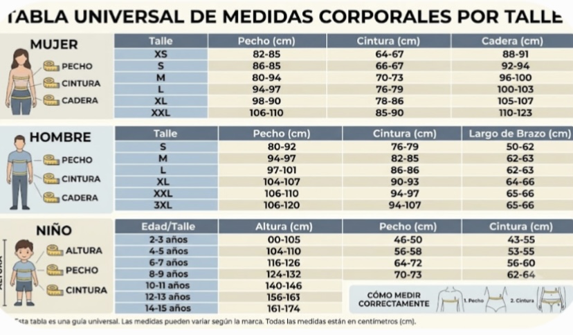 Tabla universal de medidas corporales por talle