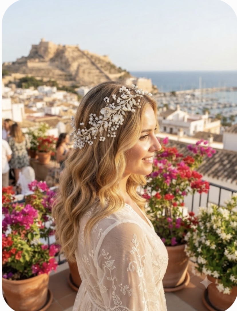 Diadema de perlas y metal