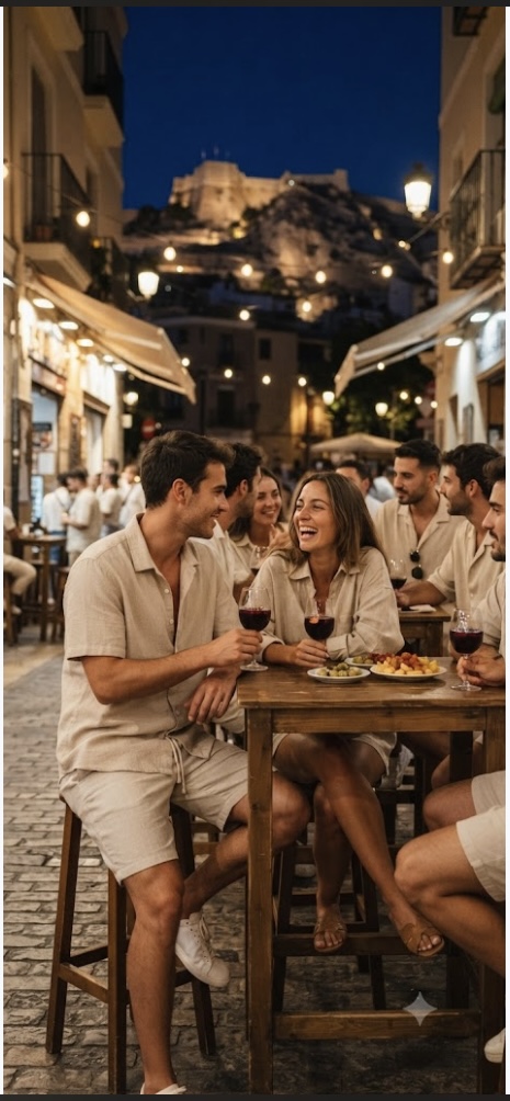 Grupo de amigos vestidos de lino cenando en el casco antiguo — Aires del Mediterráneo