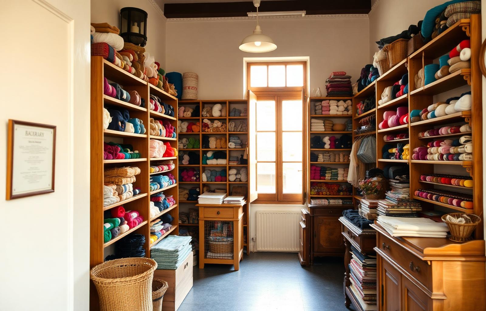 Interior de la mercería con estanterías llenas de lanas y telas iluminadas por luz natural